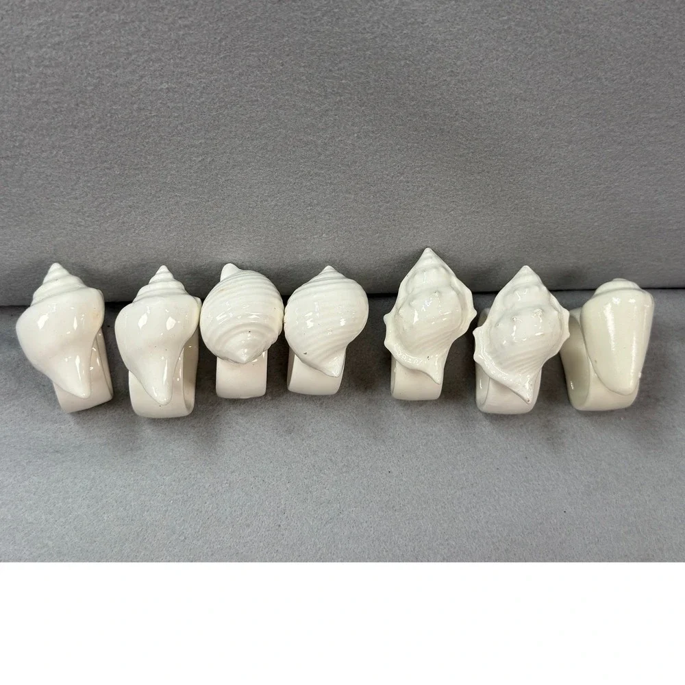 White Ceramic Seashell Napkin Rings Set of 7 Coastal Beach Table Decor